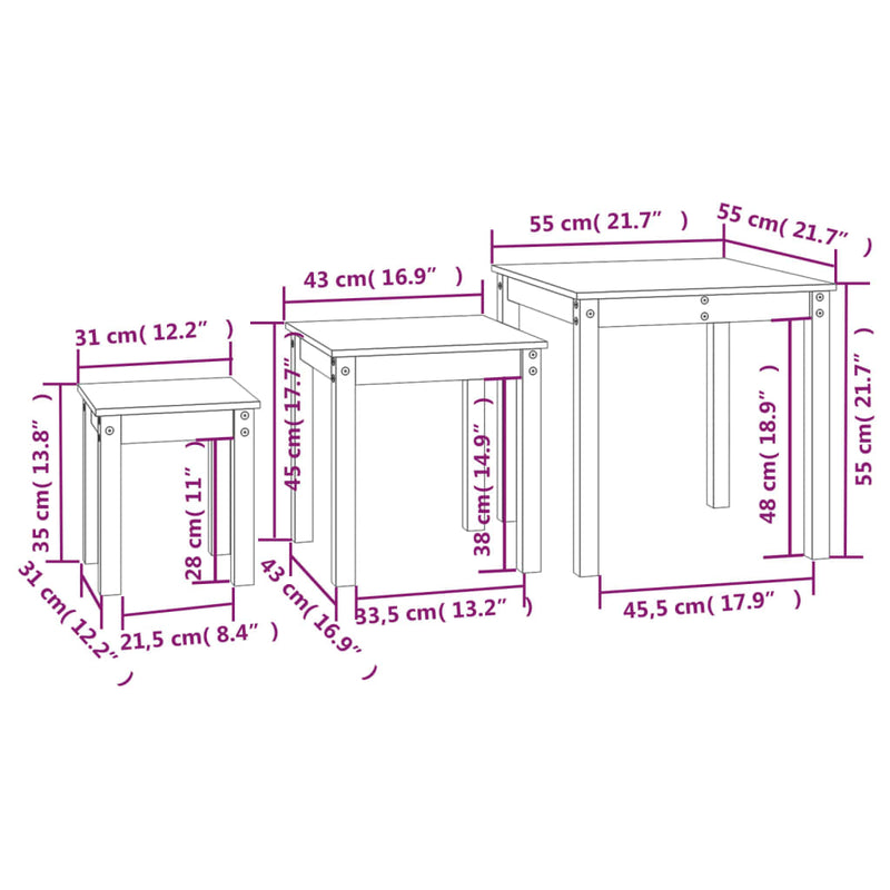 Nesting Tables 3 pcs White Solid Wood Pine Payday Deals
