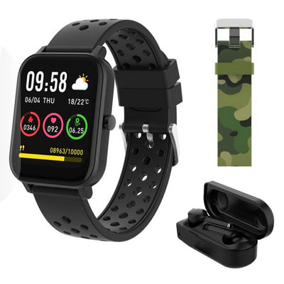 New 1.7" IPS Smart Fitness Watch with Wireless Earbuds Combo 2 Bands Black Army Payday Deals