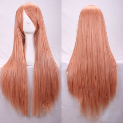 New 80cm Straight Sleek Long Full Hair Wigs w Side Bangs Cosplay Costume Womens, Golden Pink