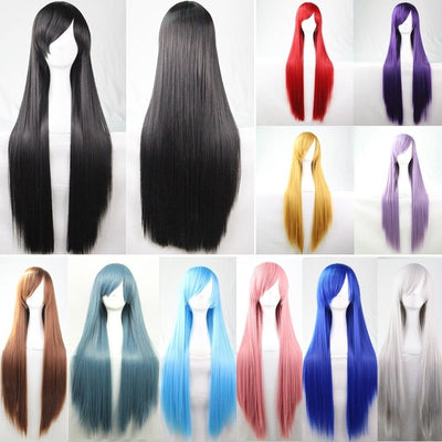 New 80cm Straight Sleek Long Full Hair Wigs w Side Bangs Cosplay Costume Womens, Golden Pink Payday Deals