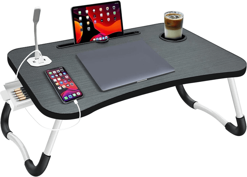 NNECN Laptop Desk Bed Table Tray Folding Breakfast Table Portable Lap Standing Desk Notebook Stand Reading Holder for Bed/Sofa Large Lap Desk with USB-Charger and Cup-Holder Payday Deals