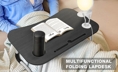 NNECN Laptop Desk Bed Table Tray Folding Breakfast Table Portable Lap Standing Desk Notebook Stand Reading Holder for Bed/Sofa Large Lap Desk with USB-Charger and Cup-Holder Payday Deals