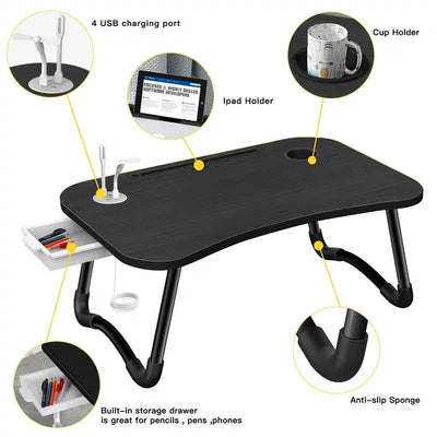 NNECN Laptop Desk Bed Table Tray Folding Breakfast Table Portable Lap Standing Desk Notebook Stand Reading Holder for Bed/Sofa Large Lap Desk with USB-Charger and Cup-Holder Payday Deals