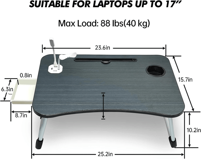 NNECN Laptop Desk Bed Table Tray Folding Breakfast Table Portable Lap Standing Desk Notebook Stand Reading Holder for Bed/Sofa Large Lap Desk with USB-Charger and Cup-Holder Payday Deals