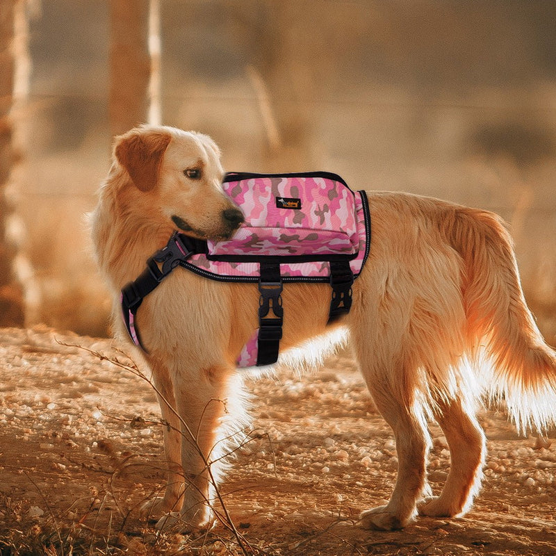 Ondoing Dog Backpack Harness Pet Carrier Saddle Bag Reflective Adjustable Outdoor Hiking-XL-Camo Pink Payday Deals