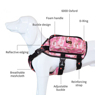 Ondoing Dog Backpack Harness Pet Carrier Saddle Bag Reflective Adjustable Outdoor Hiking-XL-Camo Pink Payday Deals