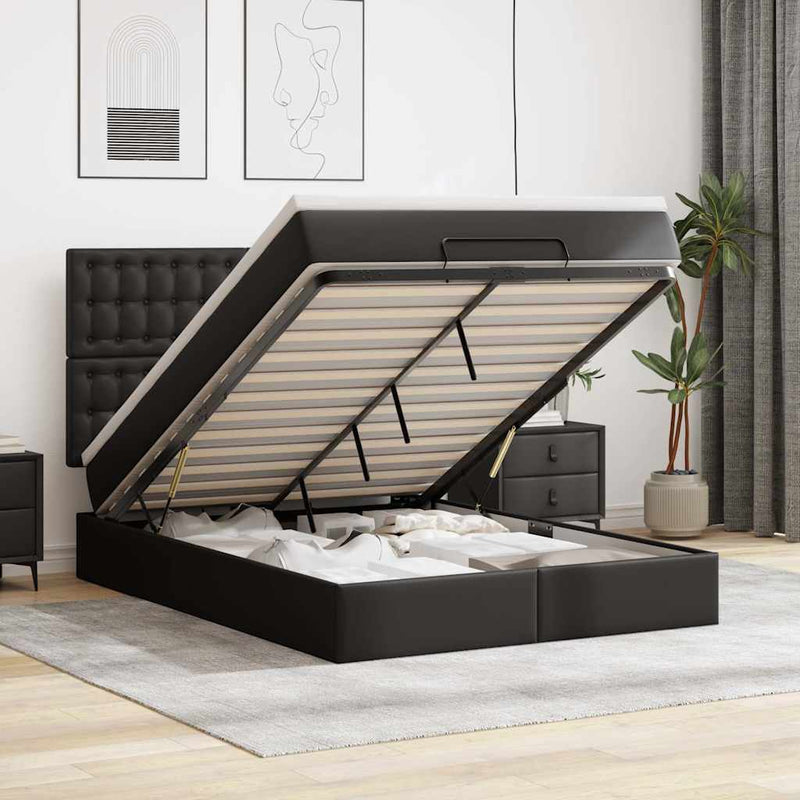 Ottoman Bed with Mattress & LEDs Black Double Faux Leather Payday Deals