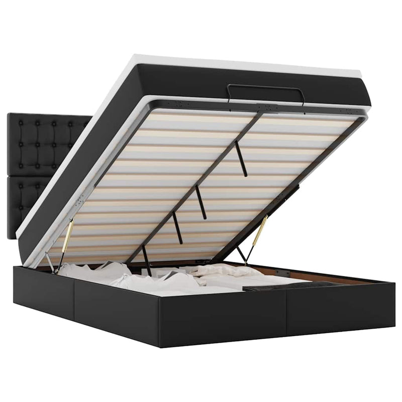 Ottoman Bed with Mattress & LEDs Black Double Faux Leather Payday Deals