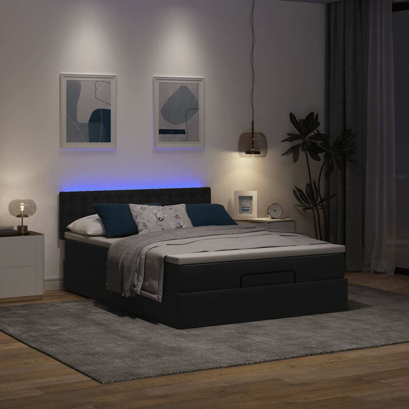 Ottoman Bed with Mattress & LEDs Black Queen Fabric Payday Deals
