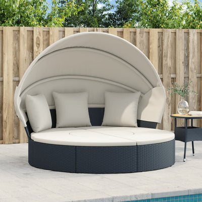 Outdoor Lounge Bed with Canopy and Cushions Black Poly Rattan