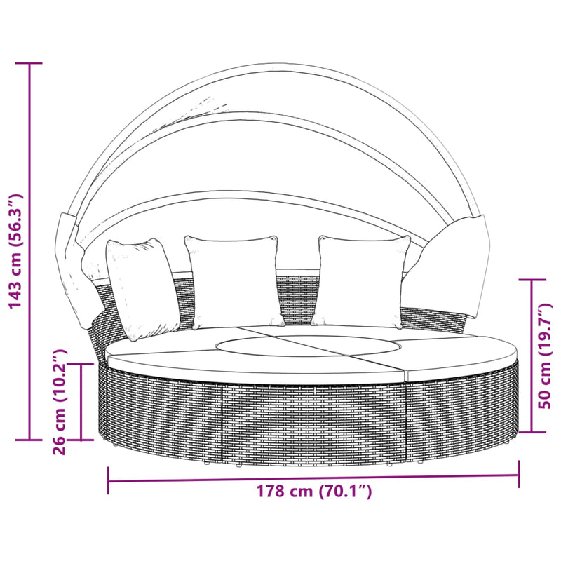 Outdoor Lounge Bed with Canopy and Cushions Brown Poly Rattan Payday Deals