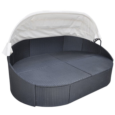 Outdoor Lounge Bed with Canopy Poly Rattan Black Payday Deals