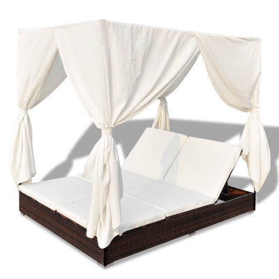 Outdoor Lounge Bed with Curtains Poly Rattan Brown Payday Deals