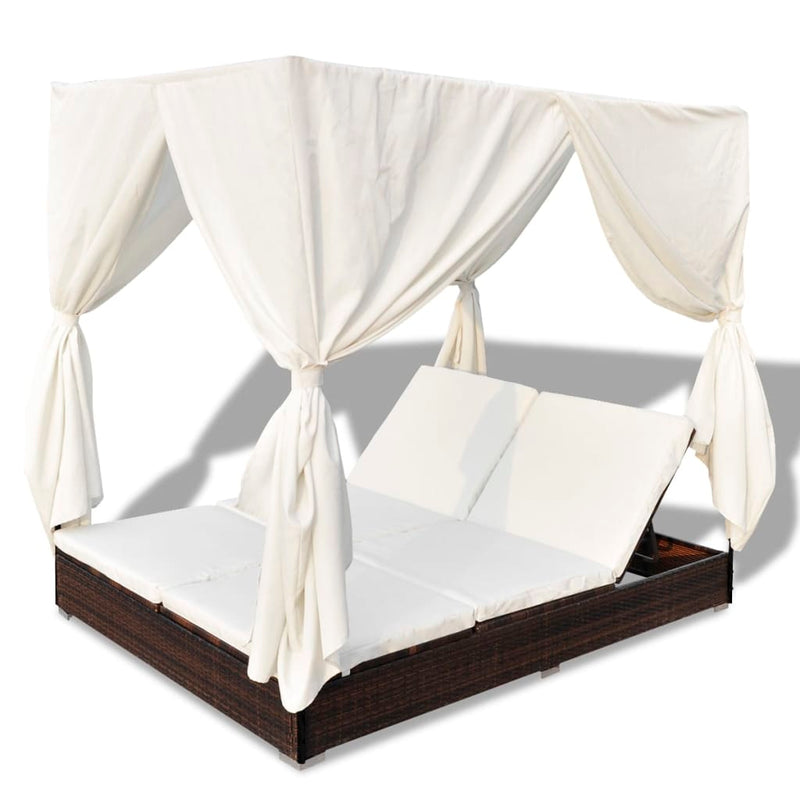 Outdoor Lounge Bed with Curtains Poly Rattan Brown Payday Deals