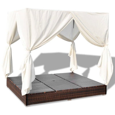 Outdoor Lounge Bed with Curtains Poly Rattan Brown Payday Deals