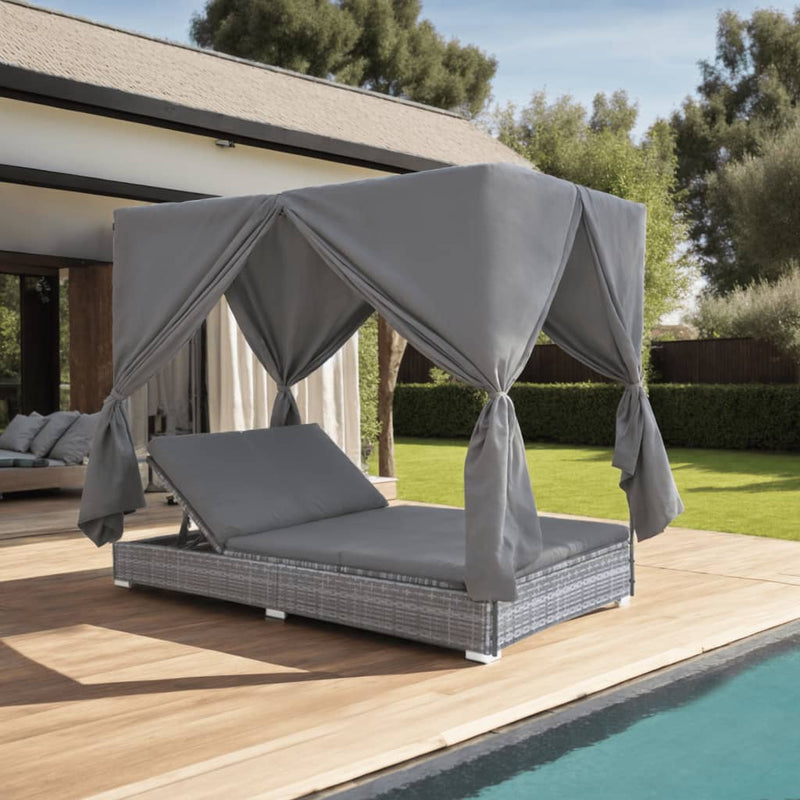 Outdoor Lounge Bed with Curtains Poly Rattan Grey Payday Deals