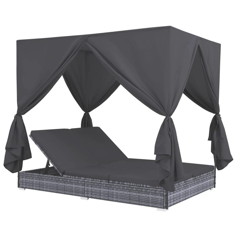 Outdoor Lounge Bed with Curtains Poly Rattan Grey Payday Deals