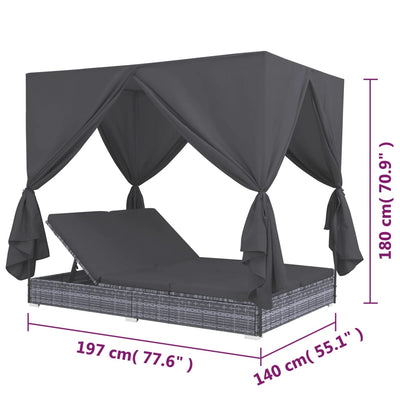 Outdoor Lounge Bed with Curtains Poly Rattan Grey Payday Deals