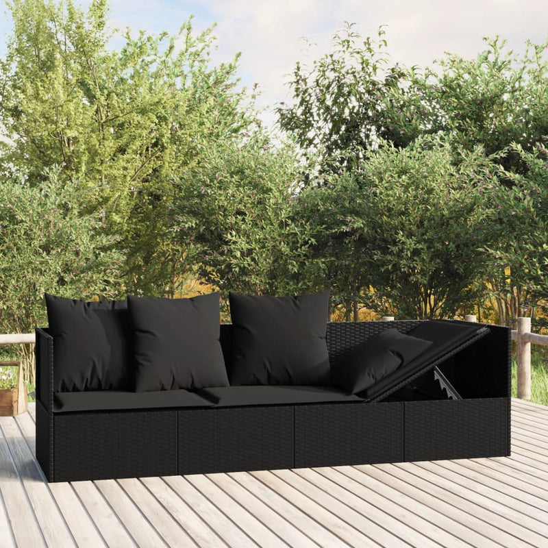 Outdoor Lounge Bed with Cushions Black Poly Rattan Payday Deals