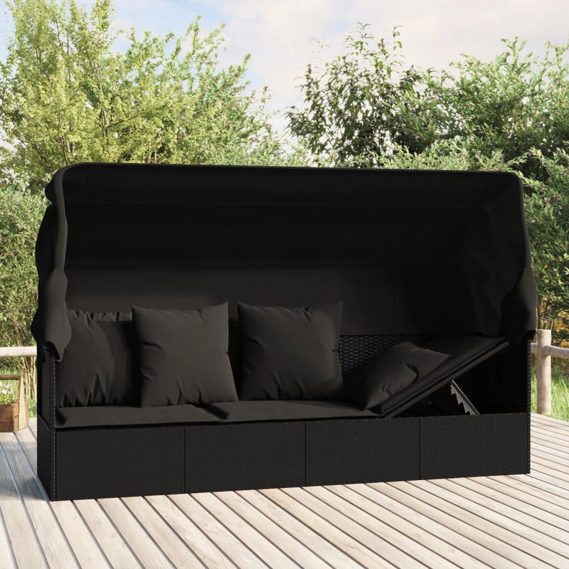 Outdoor Lounge Bed with Roof and Cushions Black Poly Rattan Payday Deals