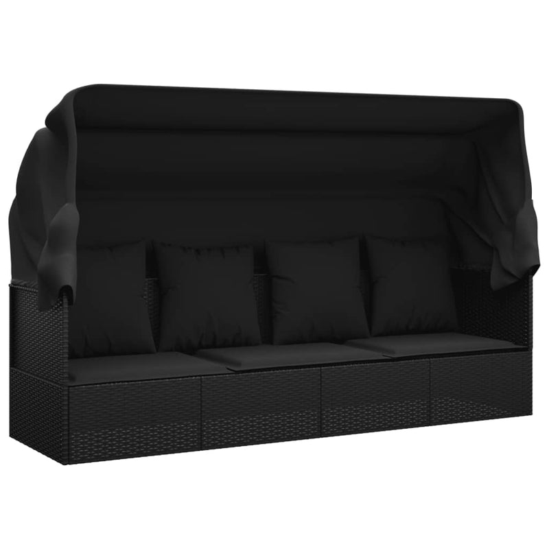 Outdoor Lounge Bed with Roof and Cushions Black Poly Rattan Payday Deals