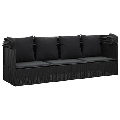 Outdoor Lounge Bed with Roof and Cushions Black Poly Rattan Payday Deals