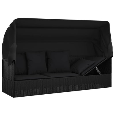 Outdoor Lounge Bed with Roof and Cushions Black Poly Rattan Payday Deals