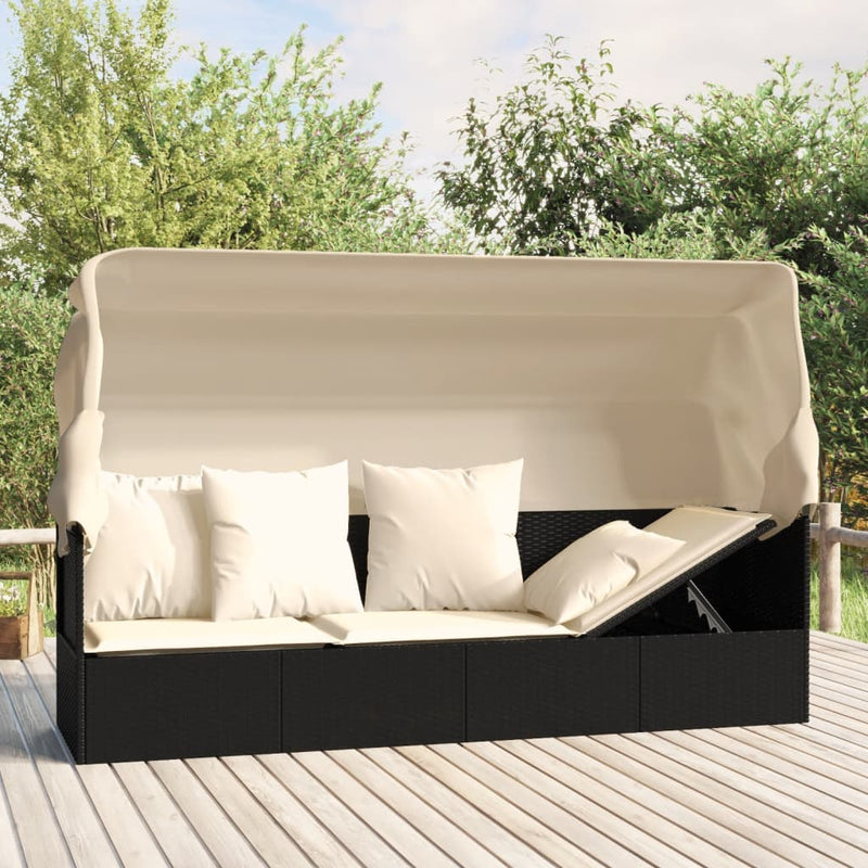 Outdoor Lounge Bed with Roof and Cushions Black Poly Rattan Payday Deals