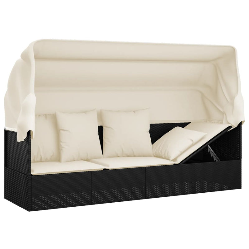 Outdoor Lounge Bed with Roof and Cushions Black Poly Rattan Payday Deals