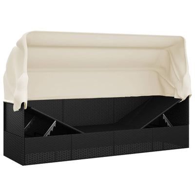 Outdoor Lounge Bed with Roof and Cushions Black Poly Rattan Payday Deals