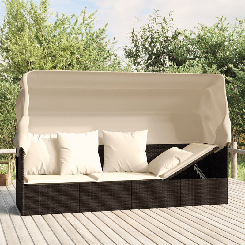 Outdoor Lounge Bed with Roof and Cushions Brown Poly Rattan Payday Deals