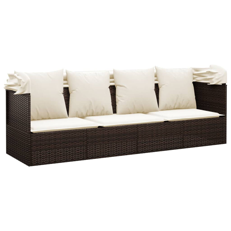 Outdoor Lounge Bed with Roof and Cushions Brown Poly Rattan Payday Deals