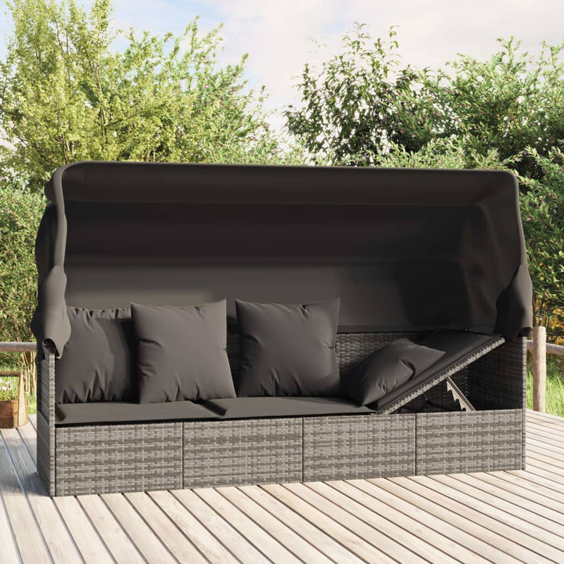 Outdoor Lounge Bed with Roof and Cushions Grey Poly Rattan Payday Deals