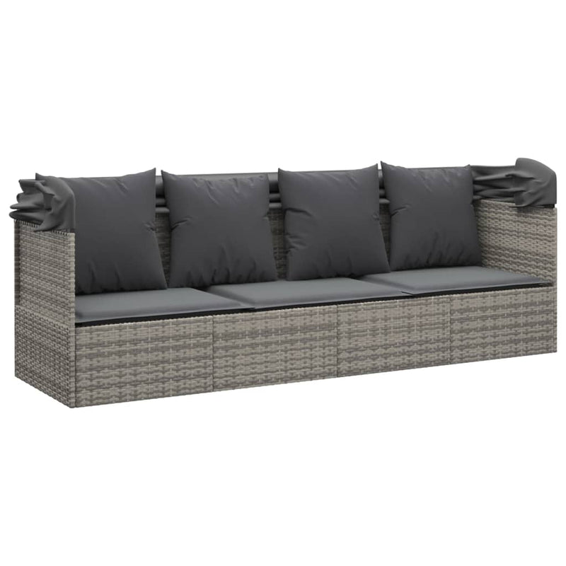 Outdoor Lounge Bed with Roof and Cushions Grey Poly Rattan Payday Deals