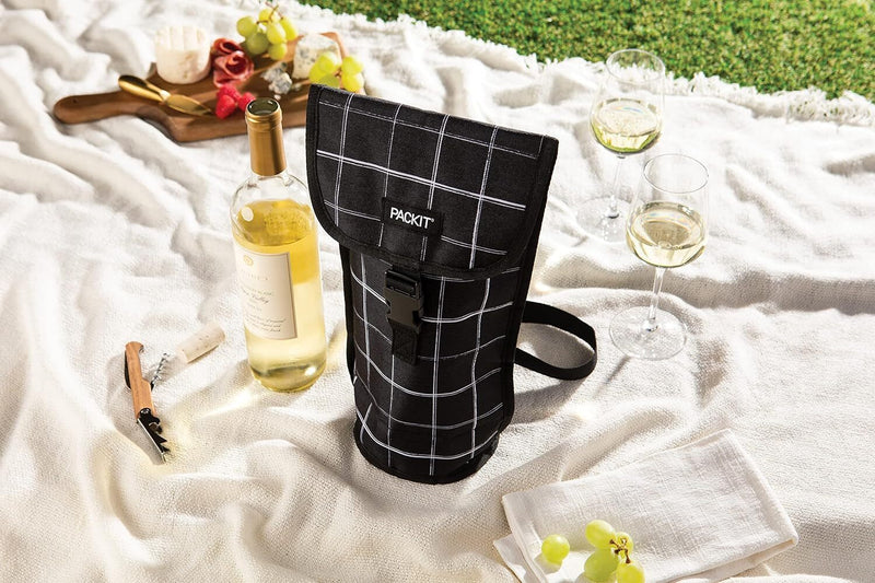 PACKIT Freezable Napa Wine Bag Cooler Carrier Insulated Portable Wine Chiller - Black Grid Payday Deals