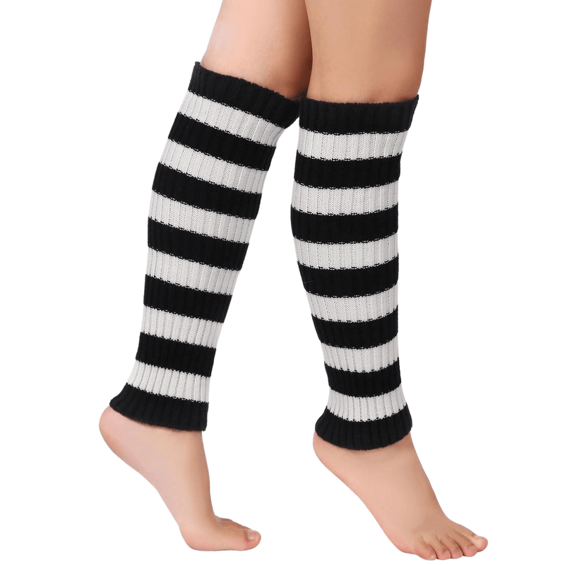 Pair of Womens Leg Warmers Disco Winter Knit Dance Party Crochet Legging Socks Costume - Black/White Stripe Payday Deals