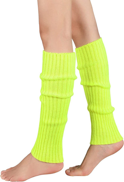 Pair of Womens Leg Warmers Disco Winter Knit Dance Party Crochet Legging Socks Costume - Fluro Yellow Payday Deals