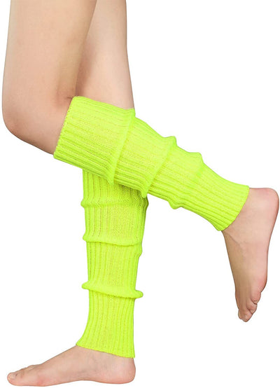 Pair of Womens Leg Warmers Disco Winter Knit Dance Party Crochet Legging Socks Costume - Fluro Yellow Payday Deals