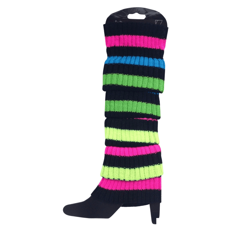 Pair of Womens Leg Warmers Disco Winter Knit Dance Party Crochet Legging Socks Costume - Rainbow with Black Stripe Payday Deals