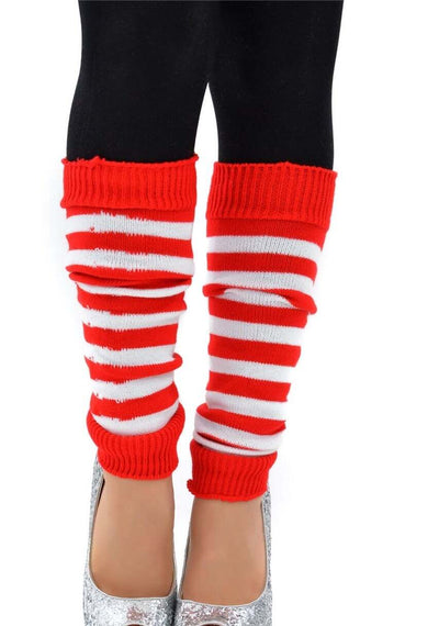 Pair of Womens Leg Warmers Disco Winter Knit Dance Party Crochet Legging Socks Costume - Red/White Stripe Payday Deals