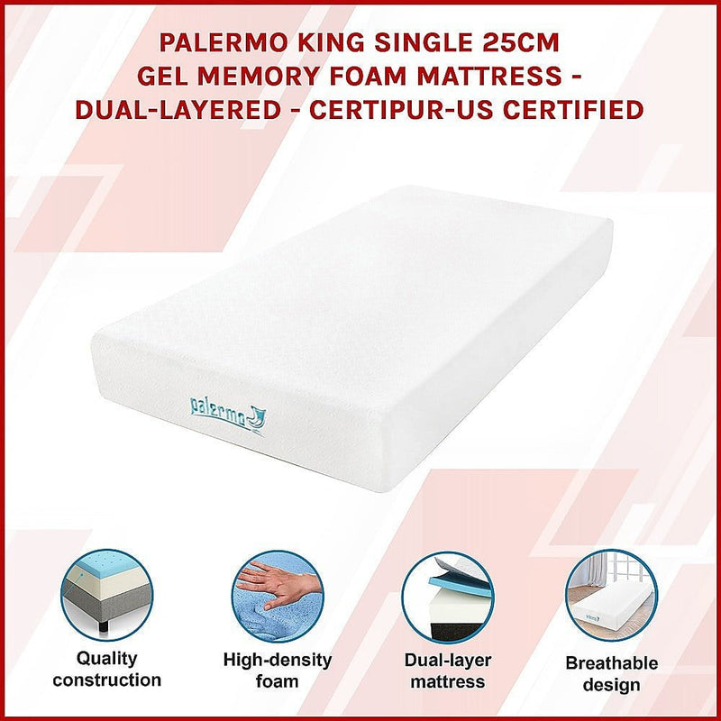 Palermo King Single 25cm Gel Memory Foam Mattress - Dual-Layered - CertiPUR-US Certified Payday Deals