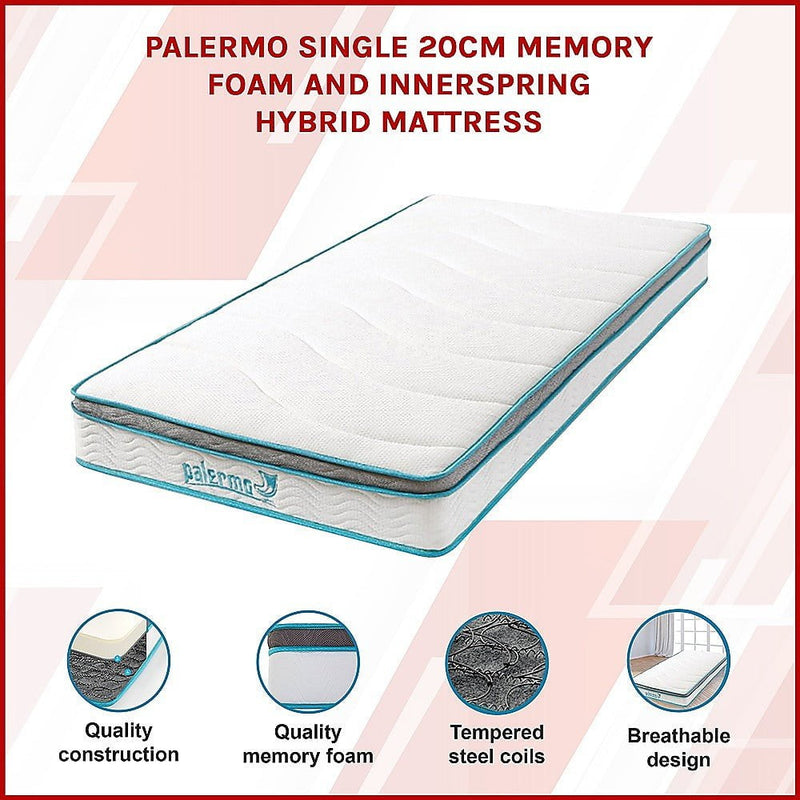 Palermo Single 20cm Memory Foam and Innerspring Hybrid Mattress Payday Deals