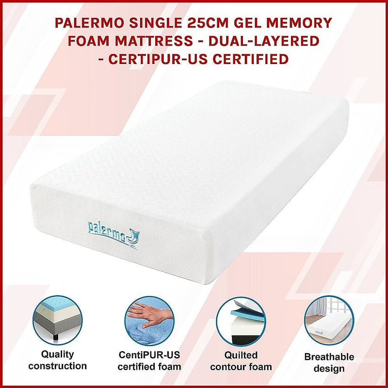 Palermo Single 25cm Gel Memory Foam Mattress - Dual-Layered - CertiPUR-US Certified Payday Deals