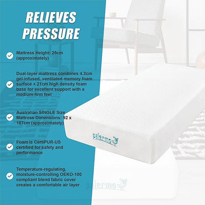 Palermo Single 25cm Gel Memory Foam Mattress - Dual-Layered - CertiPUR-US Certified Payday Deals