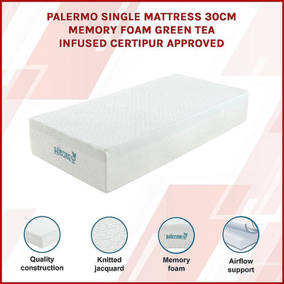 Palermo Single Mattress 30cm Memory Foam Green Tea Infused CertiPUR Approved Payday Deals