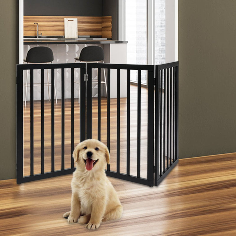 PaWz 3 Panels Wooden Pet Gate Dog Fence Safety Stair Barrier Security Door Black Payday Deals