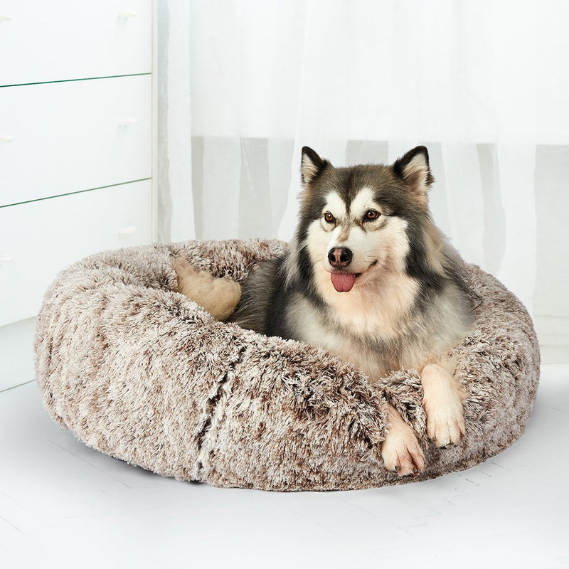 PaWz Pet Bed Cat Dog Donut Nest Calming Mat Soft Plush Kennel Brown Size XL Payday Deals