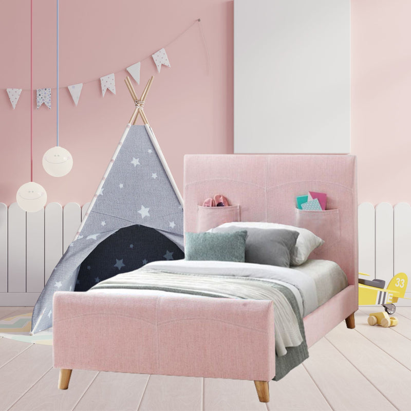 Phlox Kids King Single Bed Fabric Upholstered Children Kid Timber Frame - Pink Payday Deals