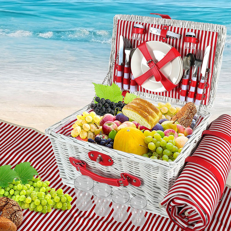 Picnic Basket Set Baskets 4 Person Wicker Outdoor Insulated Cooler Bag Blanket Payday Deals