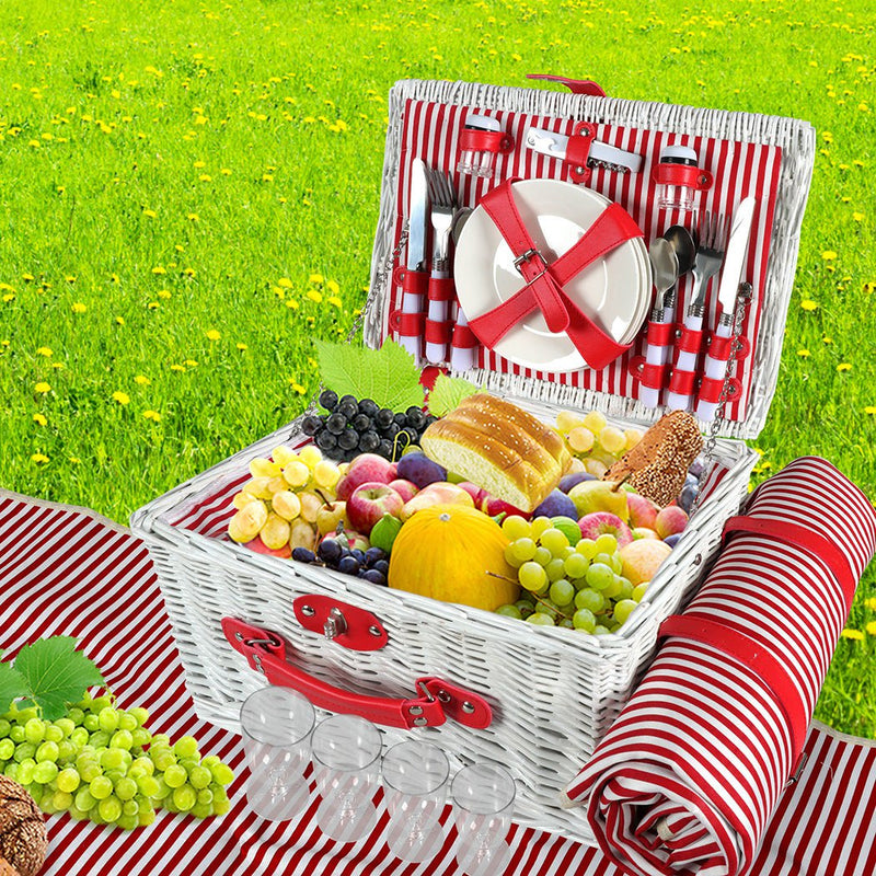 Picnic Basket Set Baskets 4 Person Wicker Outdoor Insulated Cooler Bag Blanket Payday Deals